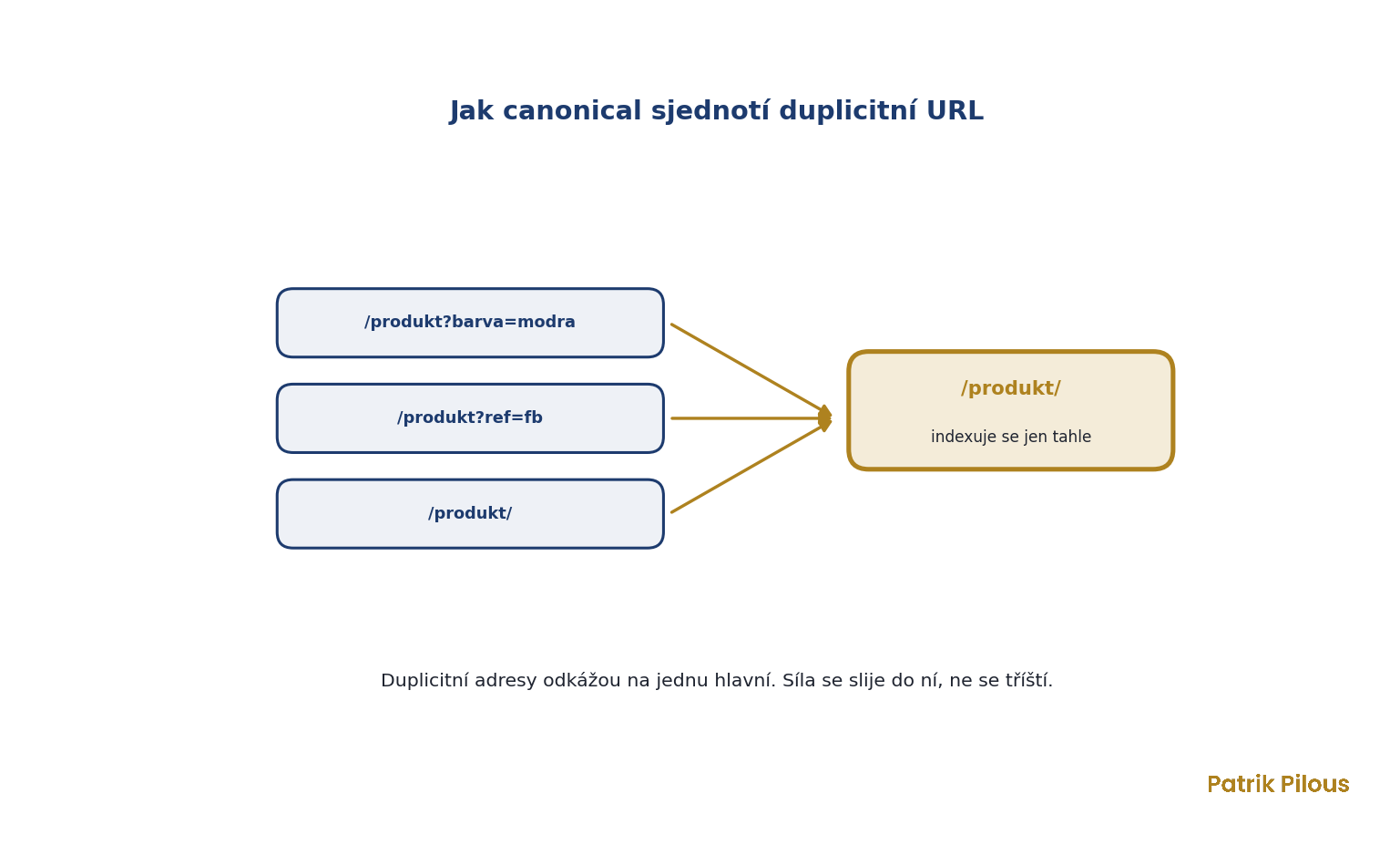 Jak canonical sjednotí duplicitní URL: tři varianty adresy produktu odkazují na jednu hlavní, která se jako jediná indexuje
